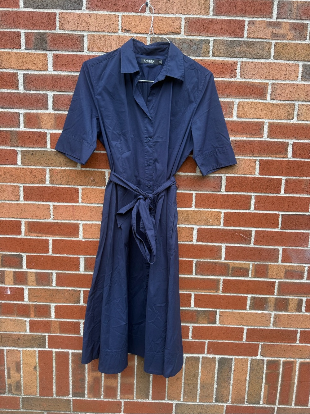 Lauren Ralph Lauren Navy Blue Cotton Blend Belted Midi Shirt Dress Size 12